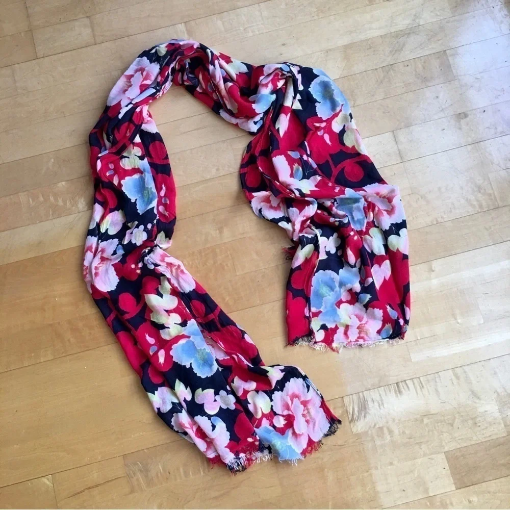 Floral, Lightweight Fringe Scarf, Navy Blue, Light Blue, Red, Pink, Yellow